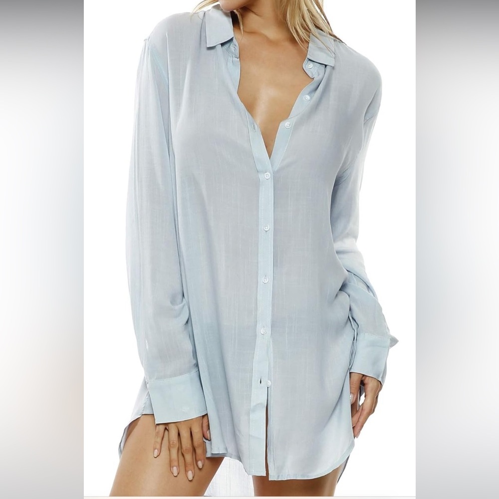 TOUSYEA Women’s Sleep Shirts Button Down Cover Up - Light Blue